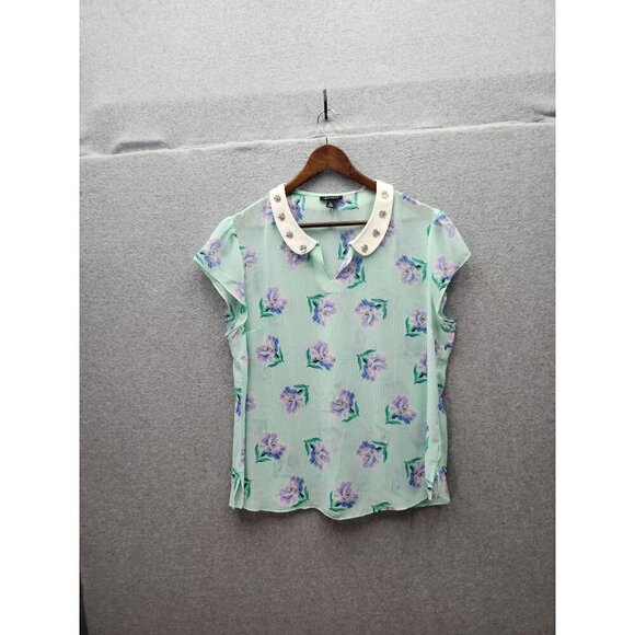 I ♥ Ronson Womens XL Mint Floral Print Blouse With Embellished Collar Cap Sleeve - Picture 1 of 7
